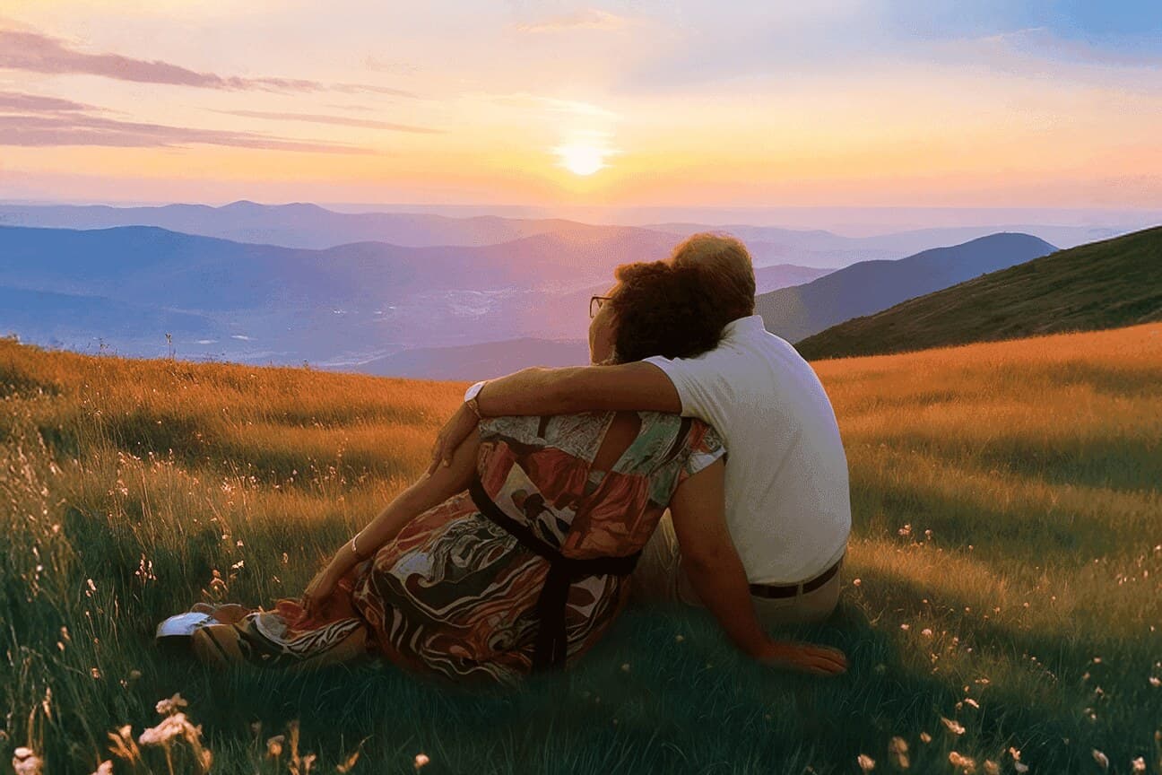 Pastor Melkamu Negeri and his wife at sunset over the mountains