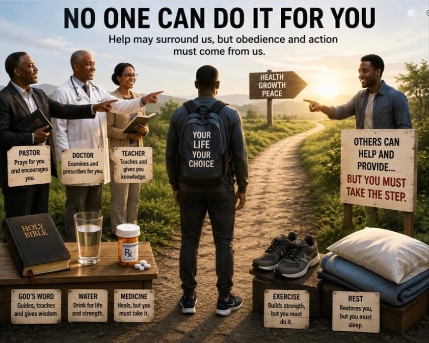 A person facing a path while a pastor, doctor, teacher, and signs point toward the personal steps required for health, growth, and peace.