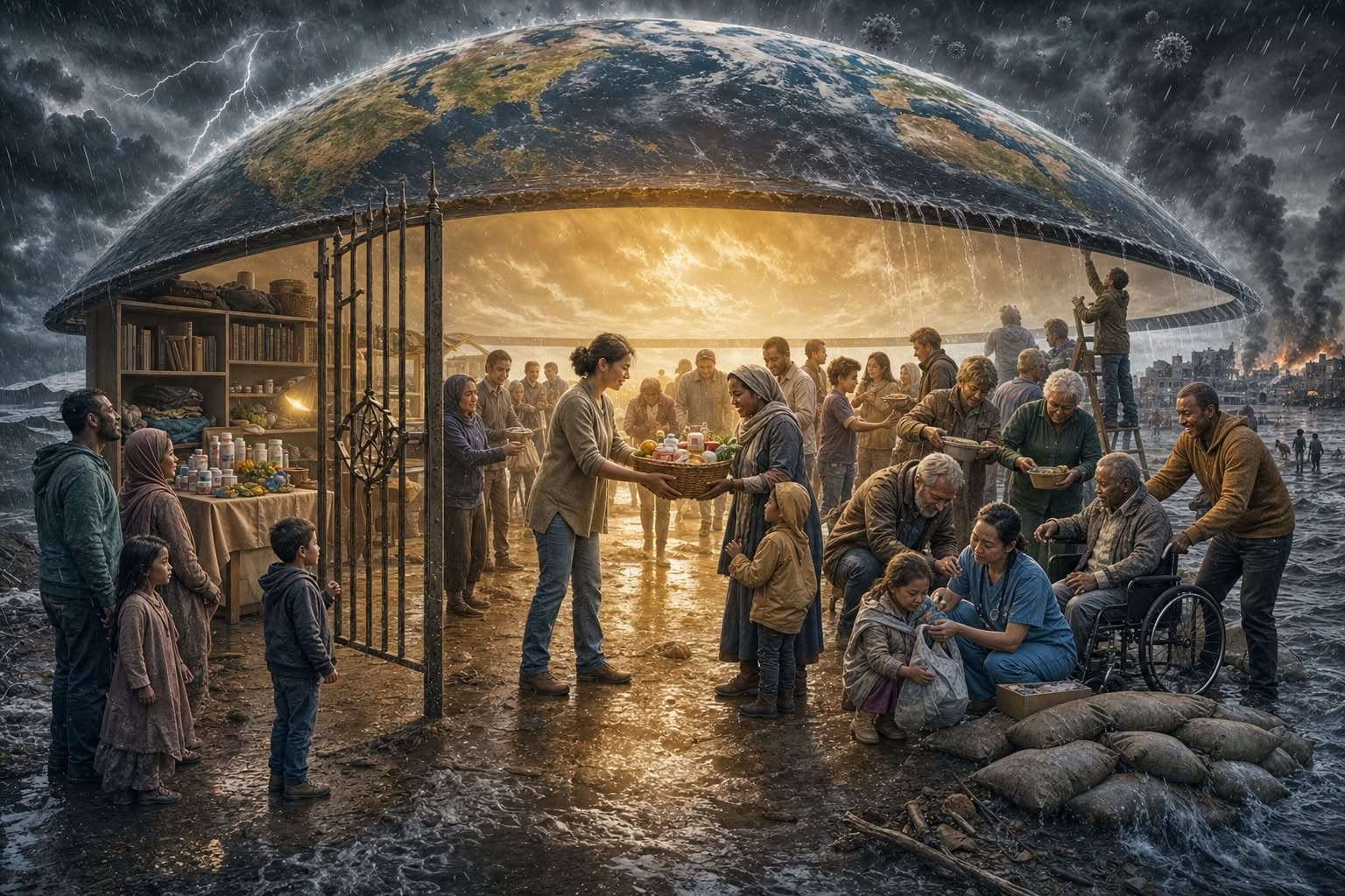 People sharing food and care beneath a shelter shaped like the earth while a storm surrounds them.