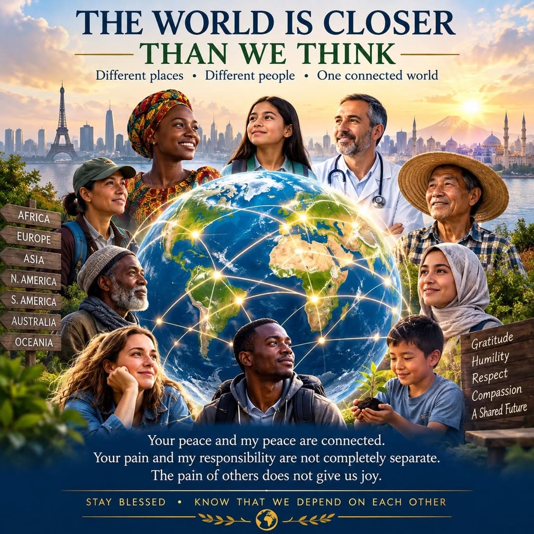 A world map connecting people across continents with a message about gratitude, humility, respect, and compassion.